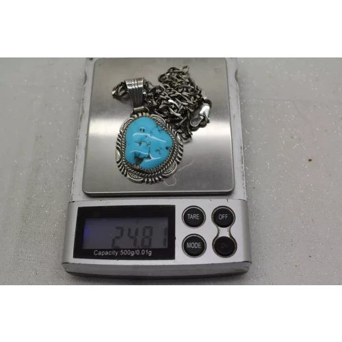 LTB LOREN THOMAS BEGAY .925 S.S. large TURQUOISE PENDANT necklace 20