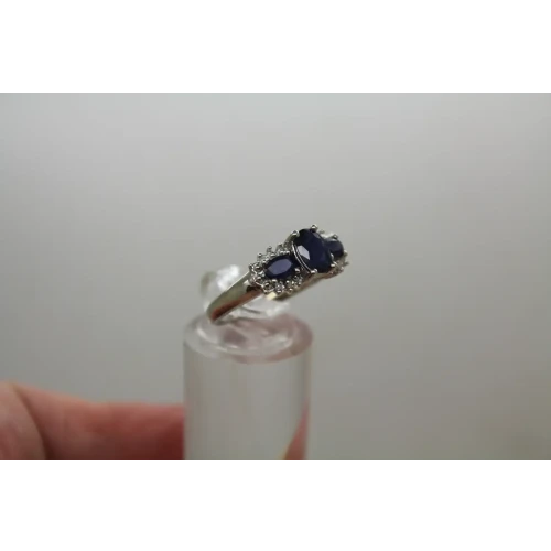 MEDA Rodium Plated 14k Y.G. BLUE SAPPHIRE DIAMOND acc. ring size 7.75