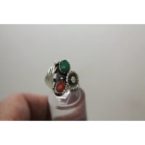 Native American .925 S.S. CORAL & GREEN TURQUOISE FLORAL ring sz 5