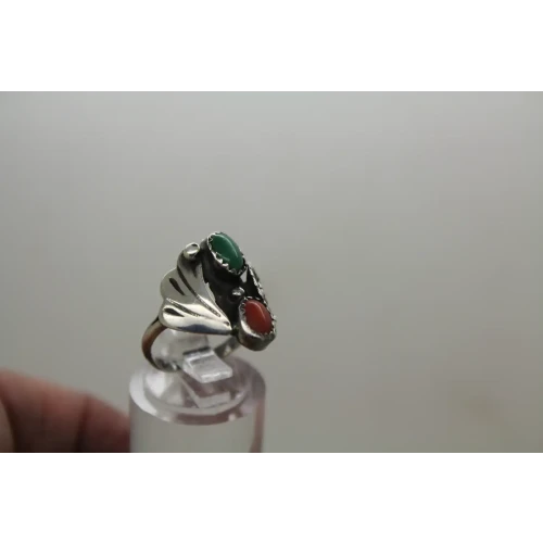 Native American .925 S.S. CORAL & GREEN TURQUOISE FLORAL ring sz 5