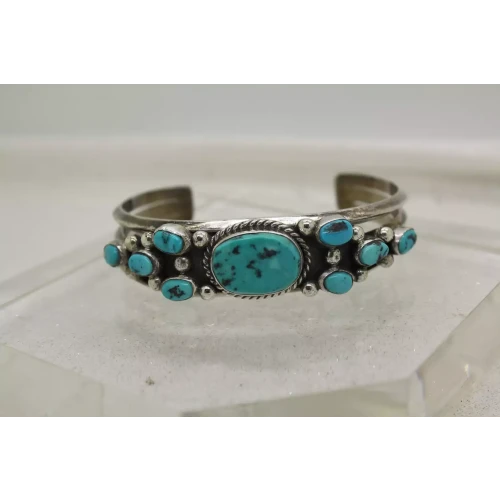 NATIVE AMERICAN .925 S.S. ROPE PETIT POINT TURQUOISE CUFF 7