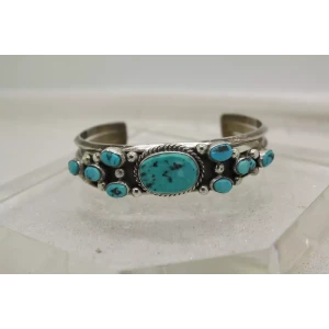 NATIVE AMERICAN .925 S.S. ROPE PETIT POINT TURQUOISE CUFF 7