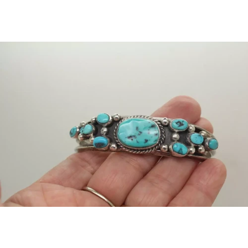 NATIVE AMERICAN .925 S.S. ROPE PETIT POINT TURQUOISE CUFF 7