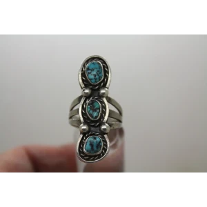 NAVAJO .925 S.S. TURQUOISE ROPE FULL FINGER DESIGN ring size 7