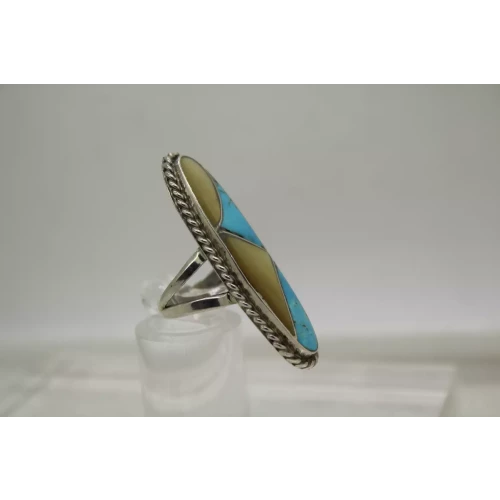 NAVAJO NORMAN LEE .925 S.S. TURQUOISE MOP CHANNEL INLAY size 6