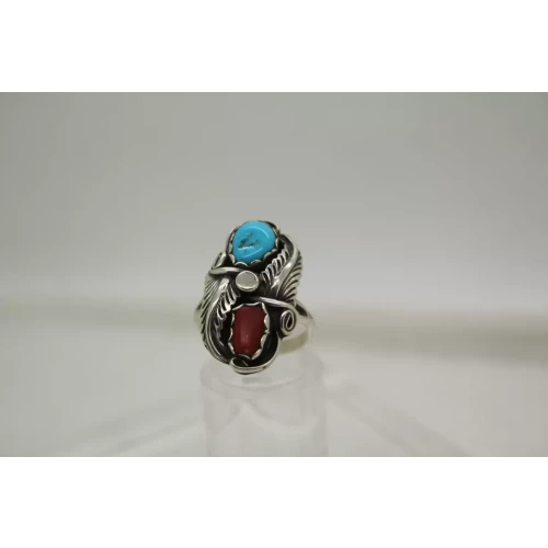 NAVAJO VERDY JAKE .925 S.S. TURQUOISE CORAL FEATHER ring size 6.5