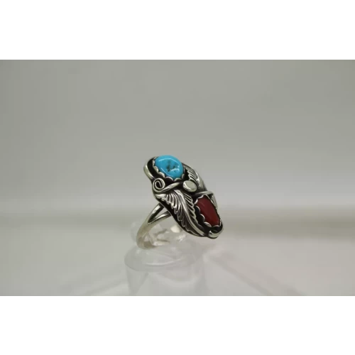 NAVAJO VERDY JAKE .925 S.S. TURQUOISE CORAL FEATHER ring size 6.5