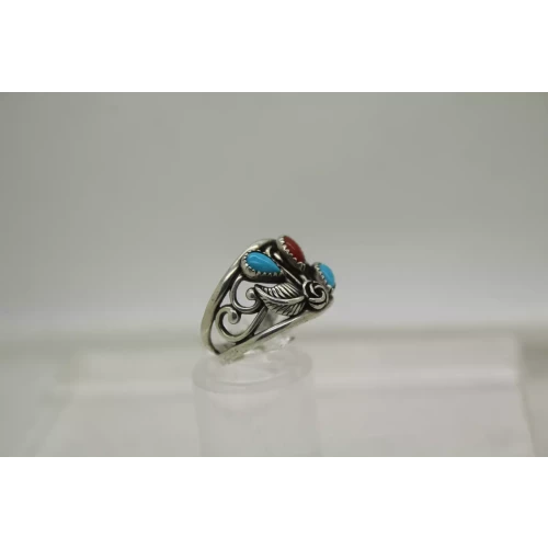 NAVAJO WM WILBERT MANNING .925 S.S. TURQUOISE CORAL ring size 8