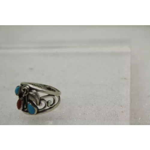 NAVAJO WM WILBERT MANNING .925 S.S. TURQUOISE CORAL ring size 8