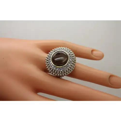 NF .925 S.S. SMOKY QUARTZ CABOCHON WHITE TOPAZ HALO ring size 7