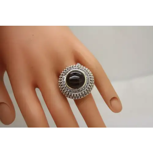NF .925 S.S. SMOKY QUARTZ CABOCHON WHITE TOPAZ HALO ring size 7 (2)