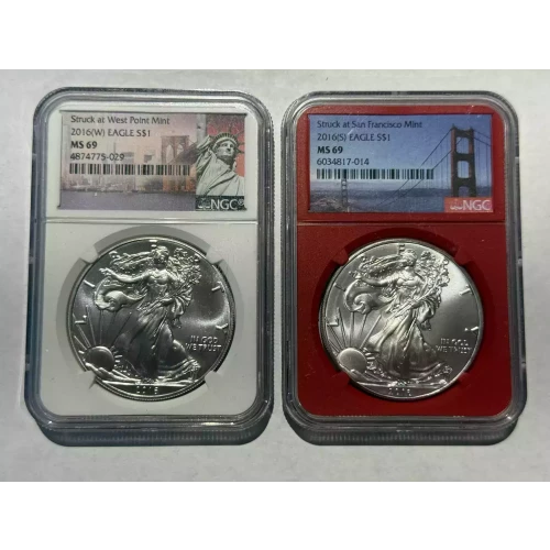 NGC 2016 W & S MS69 American Silver Eagle $1 Dollar Coin Set (2)