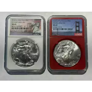NGC 2016 W & S MS69 American Silver Eagle $1 Dollar Coin Set (2)