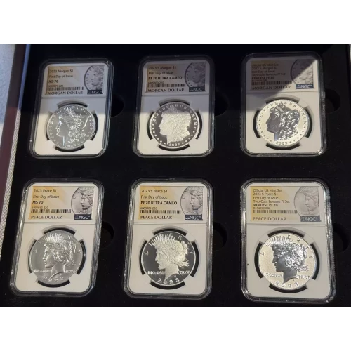 NGC FDOI 2023 MS PF ULTRA CAMEO 70 Morgan Peace 6 $1 Dollar Coin Set w/ Case (2)