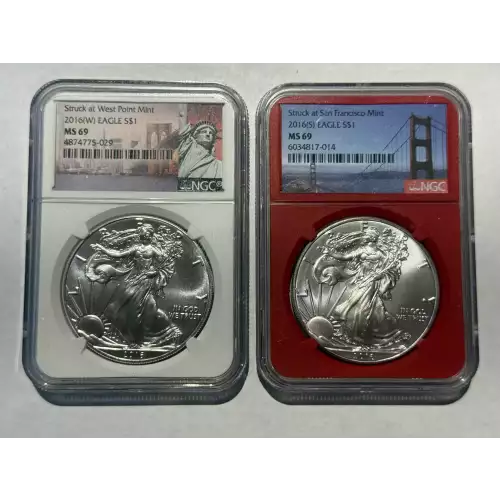 NGC W S MS 69 American Silver Eagle $1 Dollar 2 Coin Set