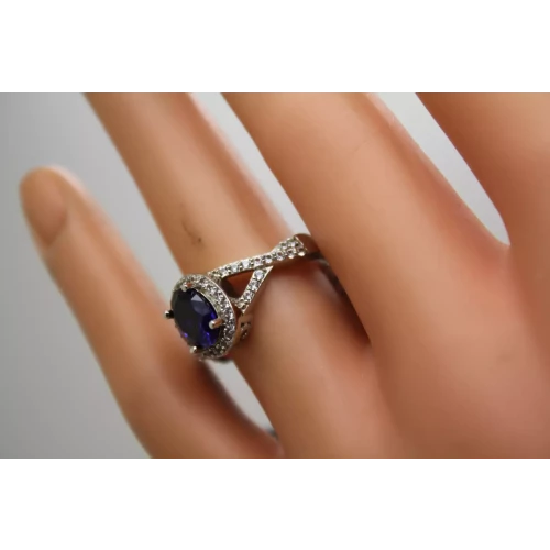 NIB .925 S.S. LAB CREATED BLUE & WHITE SAPPHIRE HALO ring size 7