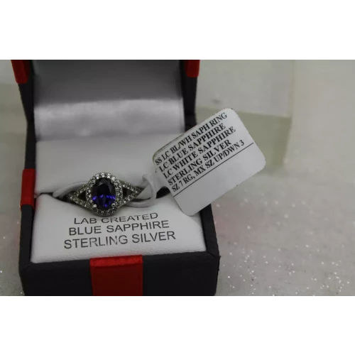 NIB .925 S.S. LAB CREATED BLUE & WHITE SAPPHIRE HALO ring size 7