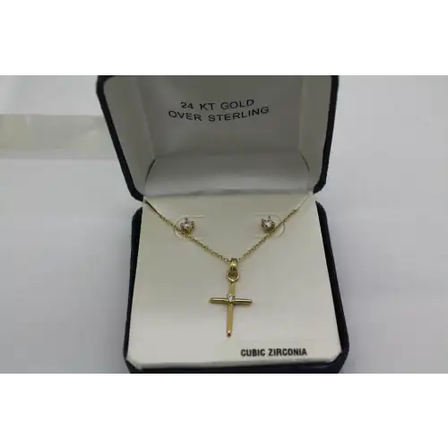 NIB Sig. SU 24k Y.G. over .925 S.S. CZ STUD earrings & CROSS necklace set