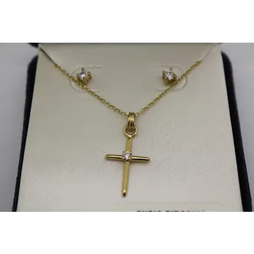 NIB Sig. SU 24k Y.G. over .925 S.S. CZ STUD earrings & CROSS necklace set