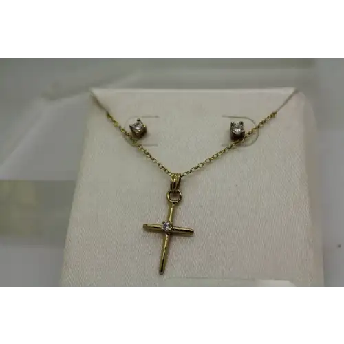 NIB Sig. SU 24k Y.G. over .925 S.S. CZ STUD earrings & CROSS necklace set