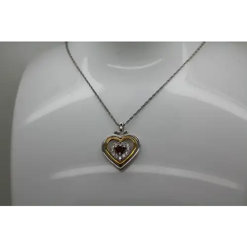 NWT 14k Y.G. over .925 S.S. GARNET WHITE SAPPHIRE TRIPLE HEART 18