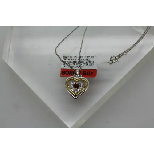 NWT 14k Y.G. over .925 S.S. GARNET WHITE SAPPHIRE TRIPLE HEART 18