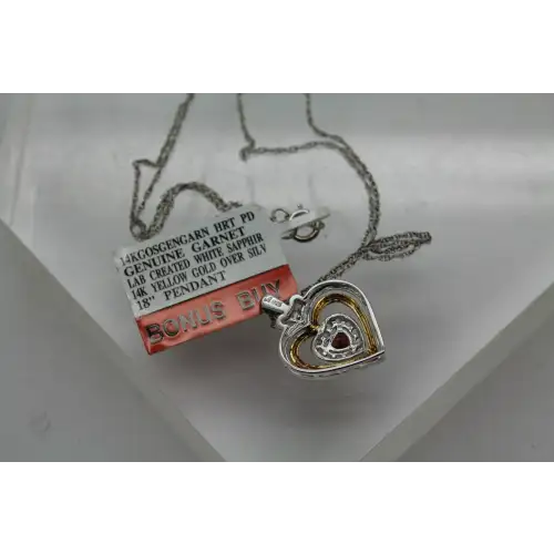 NWT 14k Y.G. over .925 S.S. GARNET WHITE SAPPHIRE TRIPLE HEART 18