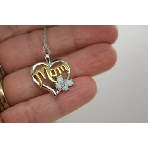 NWT .925 S.S. 18KGP OPAL & DIAMOND BUTTERFLY HEART MOM 18