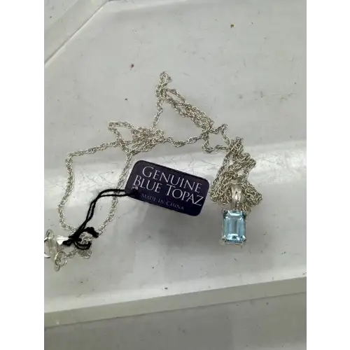 NWT .925 S.S. Emerald Cut BLUE TOPAZ pendant necklace 18