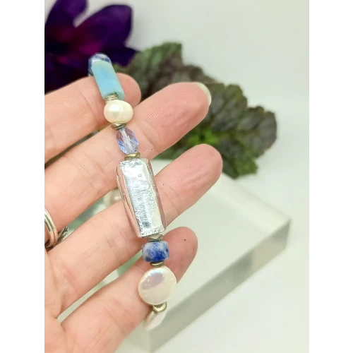 Ocean Hues Blue Sodalite, Pearl & Crystal 925 Sterling Silver Wire Beaded Bracelet