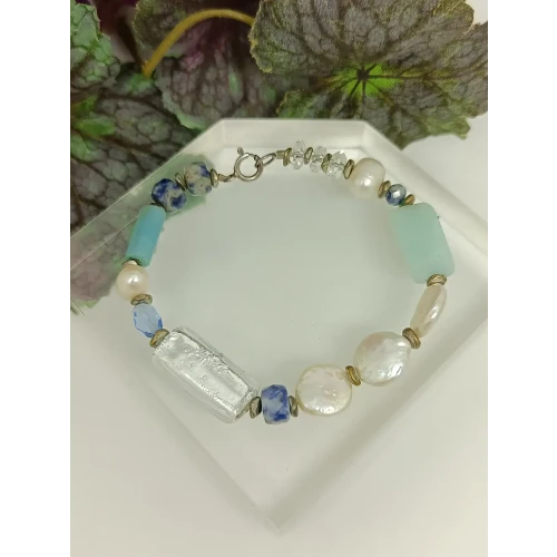 Ocean Hues Blue Sodalite, Pearl & Crystal 925 Sterling Silver Wire Beaded Bracelet (4)