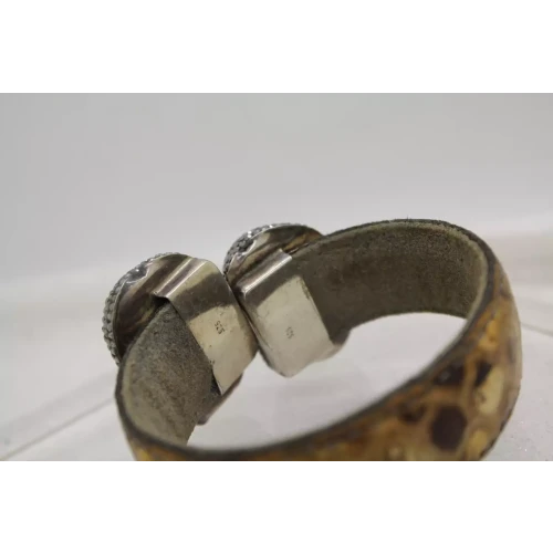 OSTRICH LEATHER .925 S.S. BAROQUE PEARLS, MARCASITE, CRYSTAL cuff