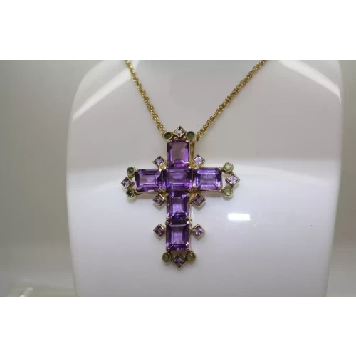 PB Gold Gilt .925 S.S. Emerald Cut AMETHYST & PERIDOT CROSS neck. 22