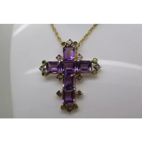 PB Gold Gilt .925 S.S. Emerald Cut AMETHYST & PERIDOT CROSS neck. 22