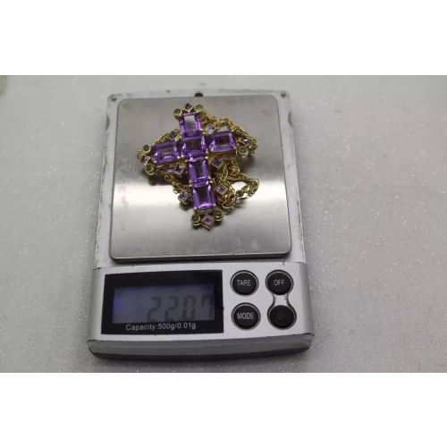 PB Gold Gilt .925 S.S. Emerald Cut AMETHYST & PERIDOT CROSS neck. 22