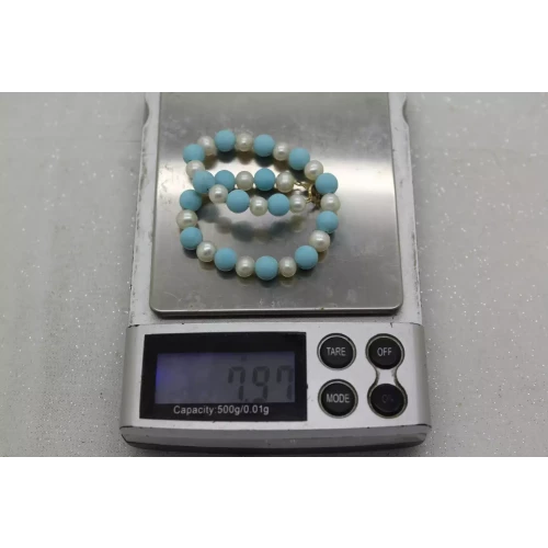 PPC 10k Y.G. LARIMAR & FRESHWATER PEARL BEADED bracelet 7 1/2
