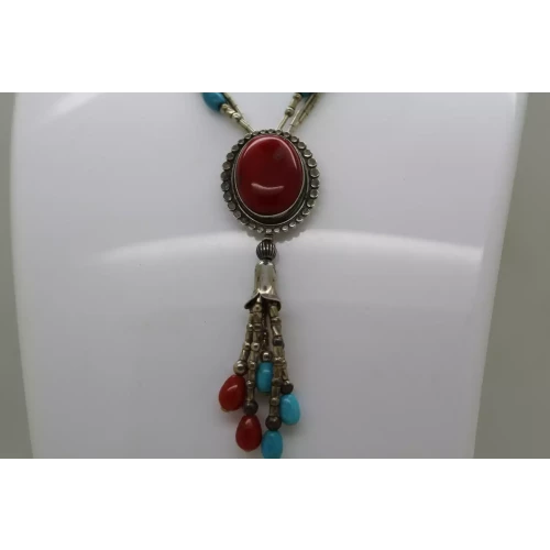 Q.T. .925 Liquid Silver QUOC TURQUOISE & CORAL SOUTHWESTERN 20