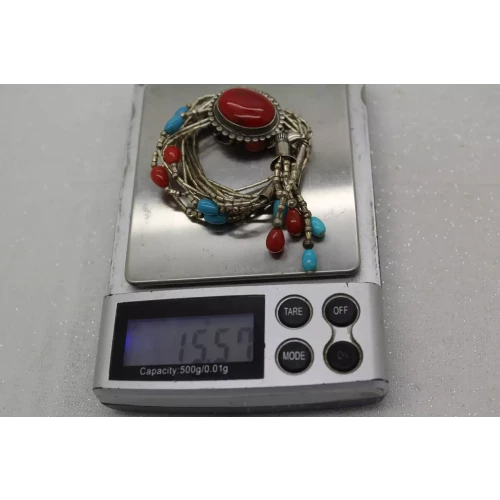 Q.T. .925 Liquid Silver QUOC TURQUOISE & CORAL SOUTHWESTERN 20