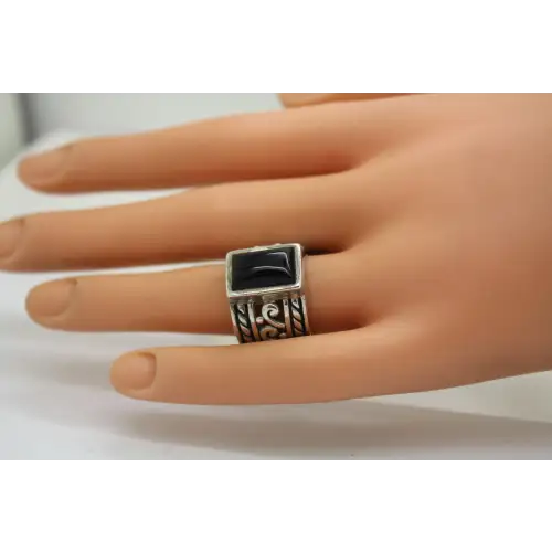 R1096 SILPADA .925 S.S. ONYX FILIGREE SCROLL wide band ring sz 7 #
