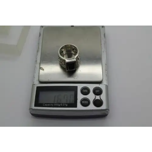 R1096 SILPADA .925 S.S. ONYX FILIGREE SCROLL wide band ring sz 7 #