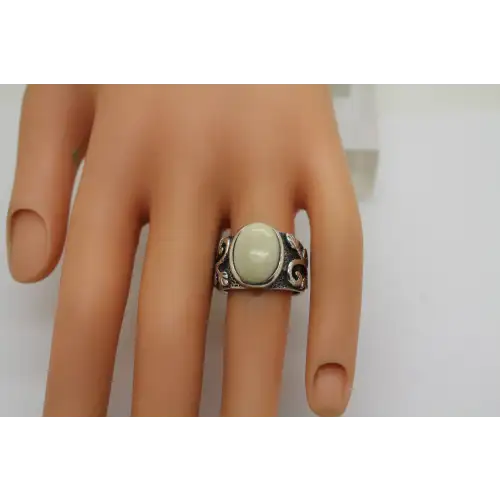 R1635 .925 S.S. WHITE BAMBOO CORAL CABACHON ring size 7 #