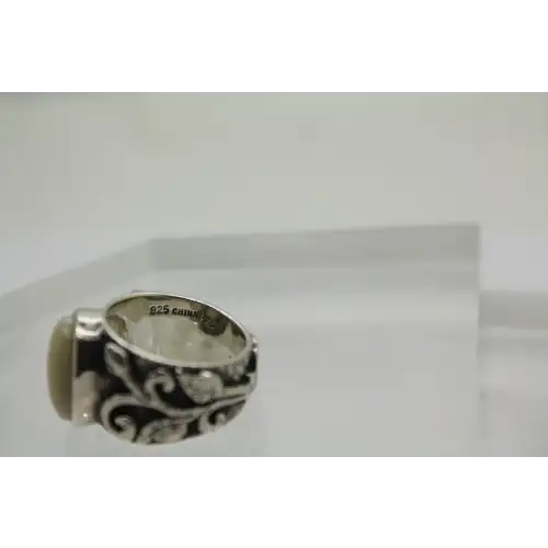 R1635 .925 S.S. WHITE BAMBOO CORAL CABACHON ring size 7 #