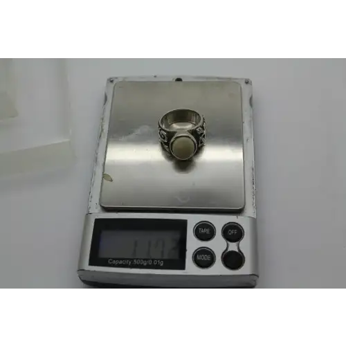 R1635 .925 S.S. WHITE BAMBOO CORAL CABACHON ring size 7 #