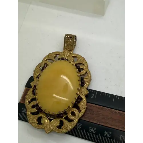 RARE sig. MIRIAM HASKELL GILT BAROQUE FAUX AMBER & GARNET pend.
