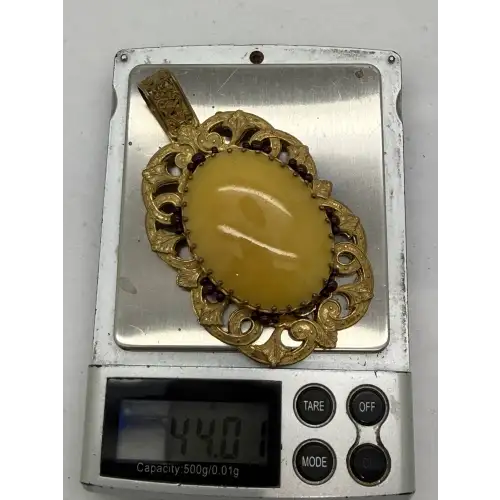 RARE sig. MIRIAM HASKELL GILT BAROQUE FAUX AMBER & GARNET pend.