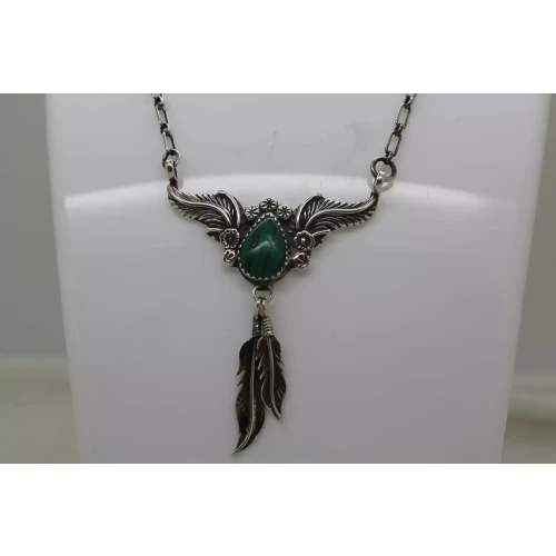 RB RICHARD BEGAY NAVAJO .925 S.S. MALACHITE FEATHER necklace 28