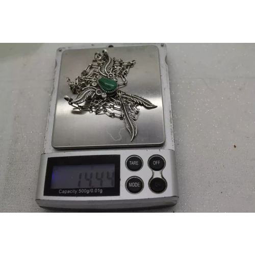 RB RICHARD BEGAY NAVAJO .925 S.S. MALACHITE FEATHER necklace 28