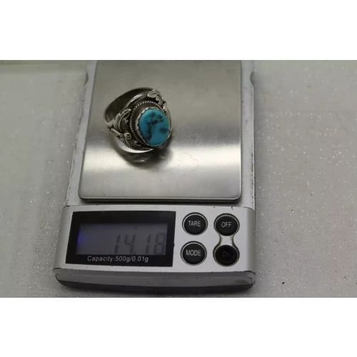 RB RUNNING BEAR .925 S.S. TURQUOISE FEATHER DESIGN ring size 13.5