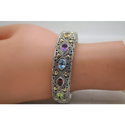 ROBERT MANSE 18k Y.G. 925 S.S. MULTI GEMSTONE HINGED CUFF bracelet