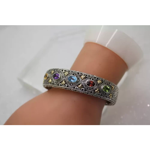 ROBERT MANSE 18k Y.G. 925 S.S. MULTI GEMSTONE HINGED CUFF bracelet